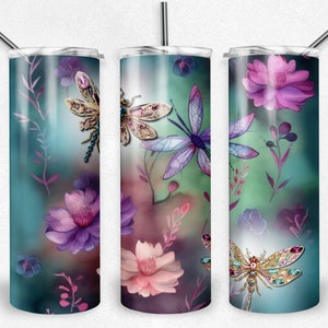 Jeweled Dragonflies Watercolor design tumbler wrap, dragonfly png, Sublimation, Skinny Tumblers, 20 oz Tumbler, Instant Download