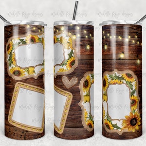 Sunflower Picture Frames, Rustic Wood, String Lights, Sublimation, Skinny Tumblers, 20 oz Tumbler, Instant Download, PNG