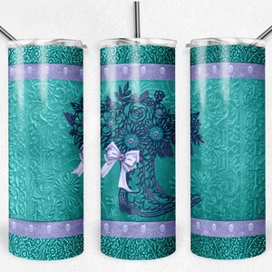 Kokarda do butów kowbojskich w kwiaty w kolorze turkusowym i fioletowym, skóra tłoczona, styl zachodni, wzór sublimacji, kubek Skinny Tumbler o pojemności 20 uncji, pobierz
