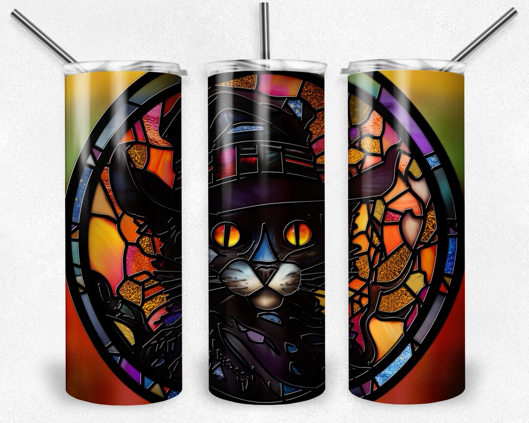 Halloween Stained Glass Black Catpng Tumbler Wrap, Halloween Cat 20 Oz ...
