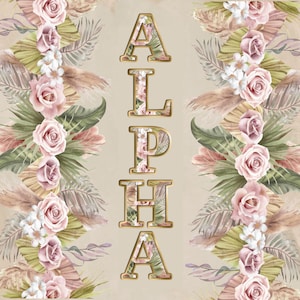 Boho Tropical Floral Alphabet, Gold Bevel, PNG Overlays, Letter Overlays, ABC Clipart, PNG Font