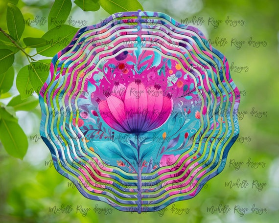 Buy Pink Flowers On Teal Background Folk Art Style Wind Spinner.