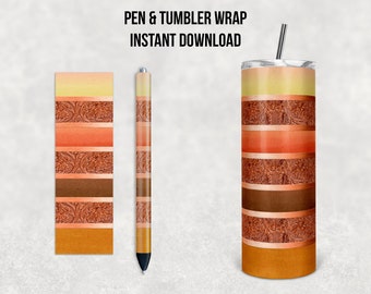 Strisce di pelle lavorata in bronzo occidentale, bicchiere sottile da 20 once e penna combinata, design a sublimazione, download istantaneo