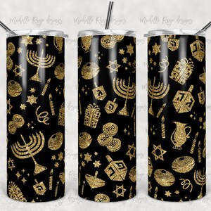 Hanukkah à paillettes noires et dorées, Vacances, Sublimation, 20 oz. Skinny Tumblers, Téléchargement numérique instantané