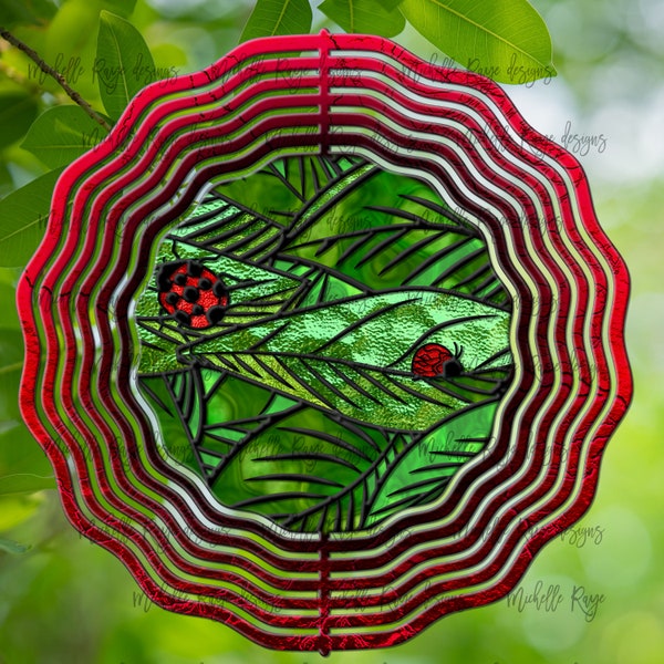 Ladybugs on Leaves Stained Glass, Hanging Wind Spinners for Outdoors, Sublimation Design, Instant Download