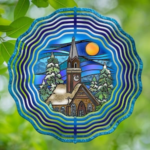 Christmas Church Winter Scene Stained Glass Hanging Wind Spinners for Outdoors, Sublimation Design, Instant Download
