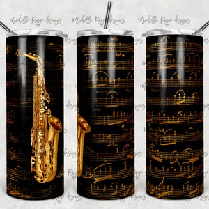 Saxophone and music notes Sublimation Tumbler Wrap Png, Black and Gold Sheet Music, Instrument, Sublimation, 20 oz. Skinny Tumblers, Instant