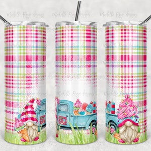Hot Pink Plaid Ice Cream Garden Gnomes, Vintage Truck, 20 oz Skinny Tumbler, Sublimation Design, Digital Download PNG, Instant DIGITAL ONLY