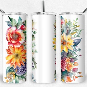 Emballage de verre PNG avec fleurs aquarelle, emballage pour sublimation florale de printemps pour la fête des mères, 20 oz Gobelets minces, téléchargement numérique instantané, PNG, JPG