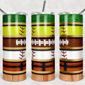 Softbol Fútbol Béisbol Baloncesto con rayas de hierba y grano de madera, vasos flacos, vaso de 20 oz, descarga instantánea