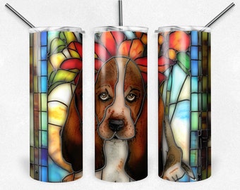 Stained Glass Basset Hound PNG Tumbler Wrap, Hound Dog Sublimation Tumbler file, 20oz Tumbler Design, Digital Download, PNG Bassett Dog Mom