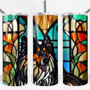 Collie Stained Glass PNG Tumbler Sublimation Wrap, Multi Coloured Rough Collie, file di sublimazione, Tumbler Design da 20 once, Download digitale del cane