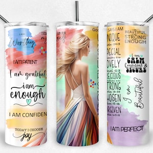 Envoltura de vaso de sublimación PNG de afirmación de amor propio, mujer de pelo rubio, archivo de vaso flaco de 20 oz, inspirador, arco iris, instantáneo