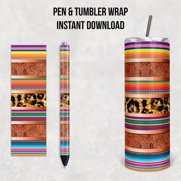 Western Tooled Leather Leopard Print Serape Stripes, 20 oz Skinny Tumbler Pen Combo, Sublimation Design, Instant Download