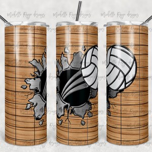 May include: A stainless steel tumbler with a wood grain design and a volleyball breaking through the surface. The volleyball is white with black stitching.