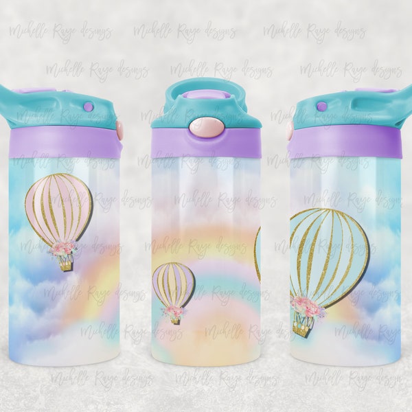 Kids Pastel and Gold Glitter Hot Air Balloons, Sky, Sublimation, Straight Kids Sippy Cup Design, Instant Digital Download, Mockup Included