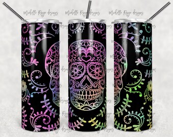 Sugar Skull Pink, Czarne tło 20 oz Skinny Tumbler, Projekt sublimacji, Pobieranie cyfrowe PNG, Natychmiast TYLKO CYFROWE