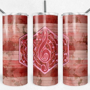 Engraved Music Notes on Red and Pink Floral Wood, Shabby Chic, Skinny Tumblers, 20 oz Tumbler, Instant Download