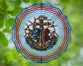 Nautical Anchor with Flowers Stained Glass Design, Hanging Wind Spinners for Outdoors, Sublimation Design, Instant Download
