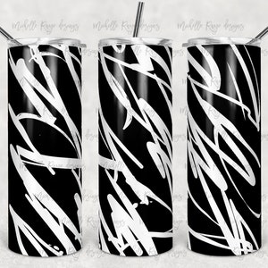 May include: Black and white abstract design on a stainless steel tumbler. The design features white lines on a black background.