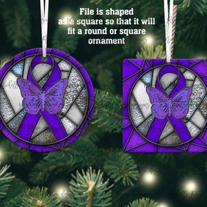 Purple Awareness Ribbon with Butterfly Stained Glass Christmas Ornament, Turner&#39;s Syndrome, Sublimation Design, Instant Download, Mockup