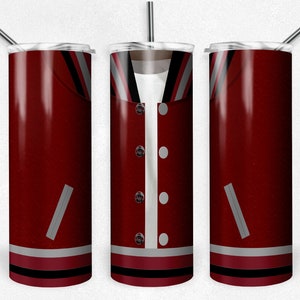 May include: Three red and white insulated tumblers with a varsity jacket design. The tumblers have a white stripe, a black stripe, and a white stripe around the top. The jacket has a white collar and white buttons.