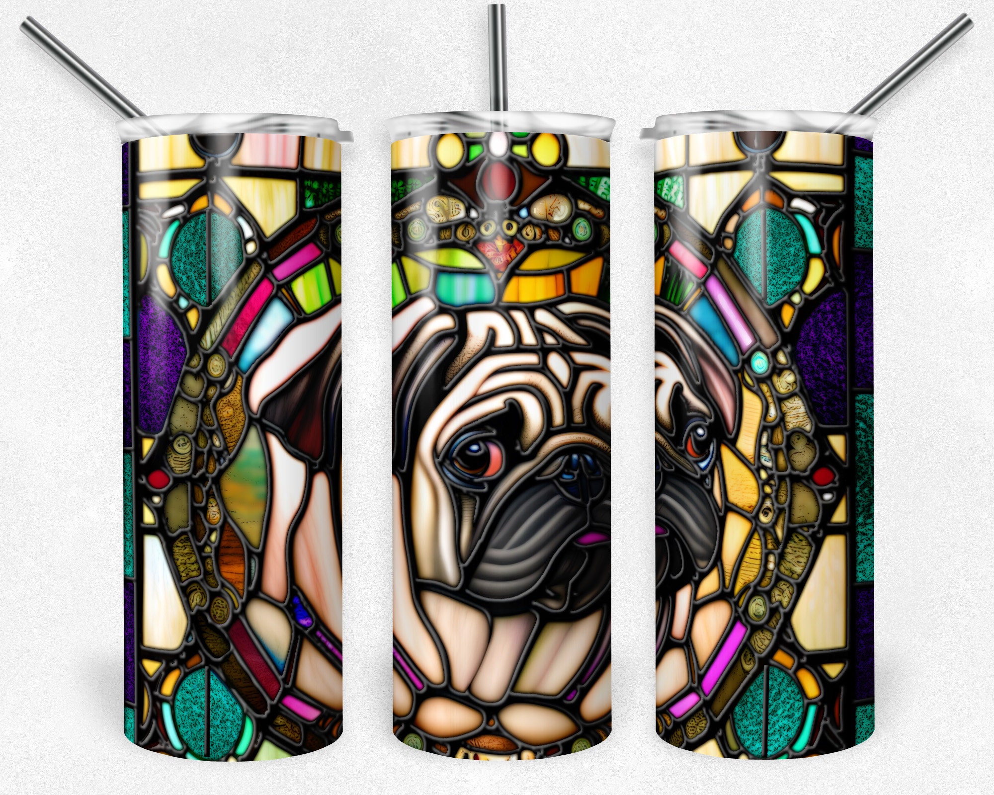 Pug Dog PNG Sublimation Tumbler Wrap, Pug Puppy Stained Glass Tumbler ...