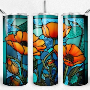 Buntglas California Poppy PNG Tumbler Wrap, Mohnblumen Sublimation Tumbler Datei, 20 oz. Skinny Becher, Sofortiger digitaler Download, PNG,