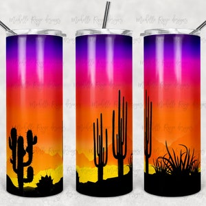 Multicolor, Puesta de sol brillante, Cactus, Desierto, Silueta, Sublimación, 20 oz. Vasos flacos, Descarga digital instantánea, PNG