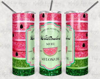 Glitter Watermelon Stripes, Make Melonade, Label, Pink Green Glitter, Sublimation, 20 oz Skinny Tumblers, Instant Digital Download, Mockup