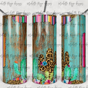 Peekaboo de cactus con estampado de sarape y leopardo, madera Shabby Chic, sublimación, 20 oz. Vasos flacos, descarga digital instantánea