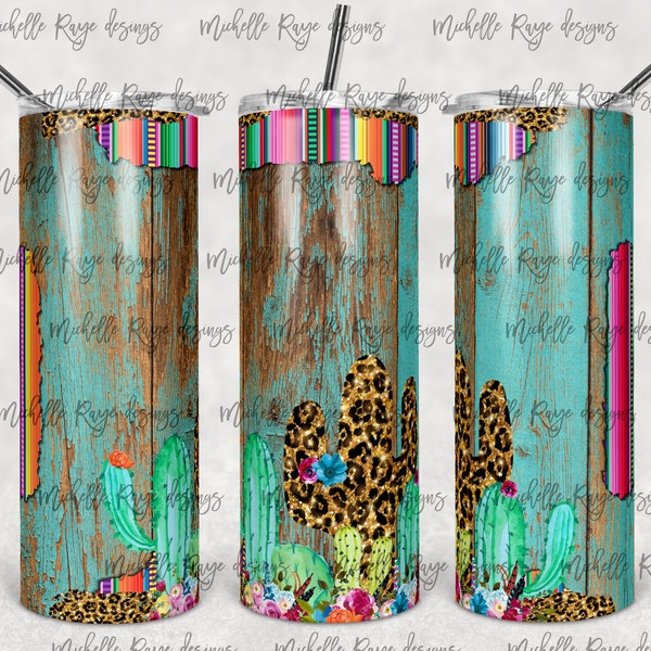 Serape and Leopard Print Cactus Peekaboo, Shabby Chic Wood, Sublimation, 20 oz. Skinny Tumblers, Instant Digital Download