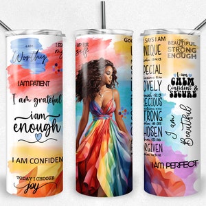 Self Love Affirmation Rainbow PNG Sublimación vaso envoltura, afroamericano, mujer negra, archivo de vaso flaco de 20 oz, inspirador, instantáneo