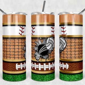Voleibol de béisbol y fútbol con rayas de hierba y grano de madera, vasos flacos, vaso de 20 oz, descarga instantánea, PNG