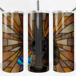 Vidrieras PNG 20 oz Diseño de vaso flaco, Vidrieras de guitarra acústica con púa, Diseño de sublimación, Descarga digital instantánea PNG