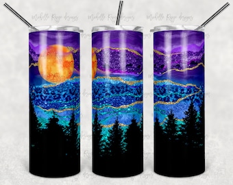 Night Time Forest, Full Moon, Tree Line, Gold Glitter, Leopard Print, Sublimation, 20 oz. Skinny Tumblers, Instant Download