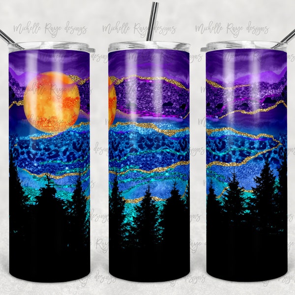 Night Time Forest, Full Moon, Tree Line, Gold Glitter, Leopard Print, Sublimation, 20 oz. Skinny Tumblers, Instant Download