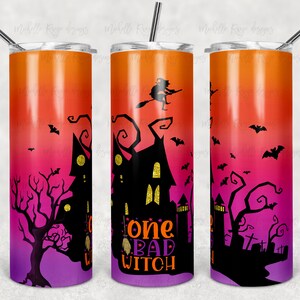 May include: A stainless steel tumbler with a gradient design of orange, pink and purple. The tumbler features a black silhouette of a haunted house with a witch flying on a broomstick and the text "One Bad Witch".