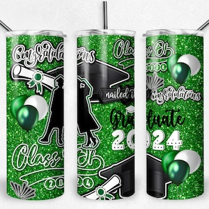 Klasse van 2024 Afstudeer PNG Tumbler wrap, Afstudeer Burst, Senior Tumbler bestand, Groene Glitter wit 20 oz Skinny Tumbler, Instant Download
