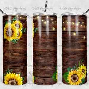 Girasoles y luces de cuerda en grano de madera, sublimación, vaso flaco de 20 oz, descarga digital instantánea