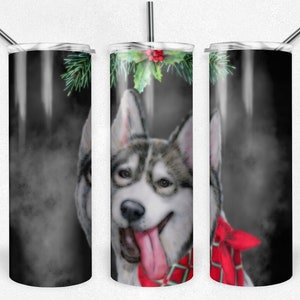 Husky avec écharpe de Noël PNG Sublimation Tumbler fichier, 20oz Tumbler Design, Full Tumbler Wrap, Dog Lover PNG