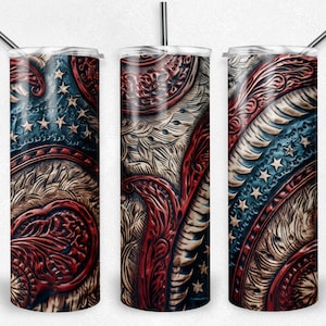 Red White and Blue Tooled Leather, Western Rustic, Patriotic, sublimation  skinny tumblers, Instant digital design