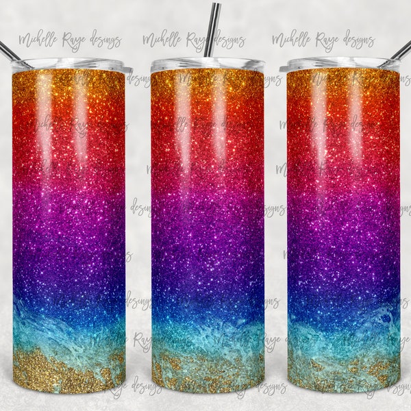 Rainbow Glitter Ombre Beach Blank, Seashore, Sublimation, Skinny Tumblers, 20 oz Tumbler, Instant Download, PNG