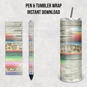 Rayas de sarape con estampado de leopardo de grano de madera occidental, combo de pluma de vaso flaco de 20 oz, diseño de sublimación, descarga instantánea
