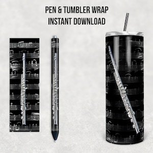 May include: A digital download design for a pen and tumbler wrap featuring a silver flute on a black and white musical staff background.
