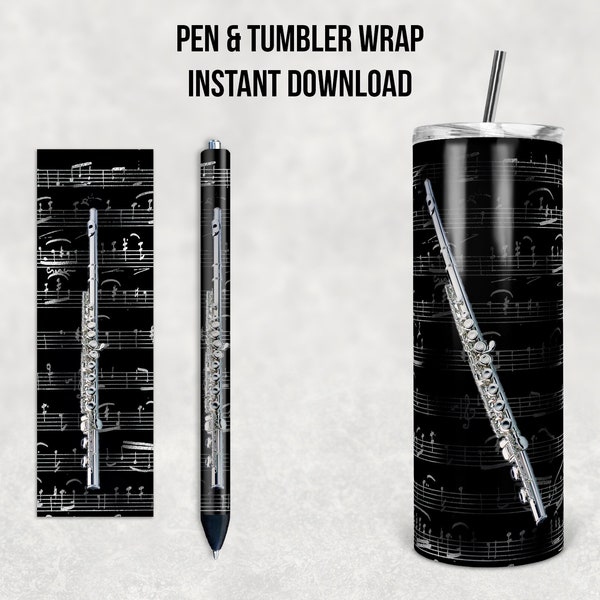 Flute and Sheet Music, Musical Instrument, 20 oz Skinny Tumbler and Pen Combo, Sublimation Design, Instant Download