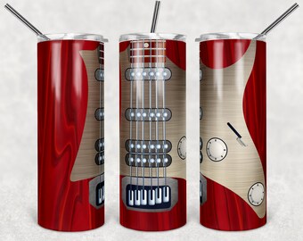 May include: A stainless steel tumbler with a red and white guitar design. The guitar has a white body and a black fretboard. The tumbler has a straw.