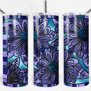 Vitrail fleurs bleu sarcelle et violet clair pour maman, mosaïque de verre, gobelets minces, gobelet 20 oz, téléchargement immédiat