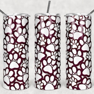 Maroon and White Paw Print Burst, Skinny Tumblers, 20 oz Tumbler, Instant Download, PNG