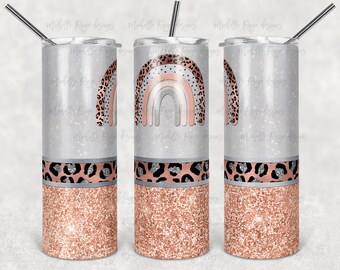 Arco-íris leopardo com glitter rosa e branco, sublimação, 20 onças. Copos magros, download digital instantâneo, PNG
